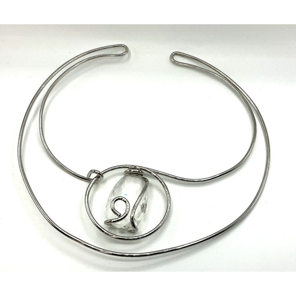 Silver Tone Wire Wrap Choker Necklace With Clear Crystal Pendant